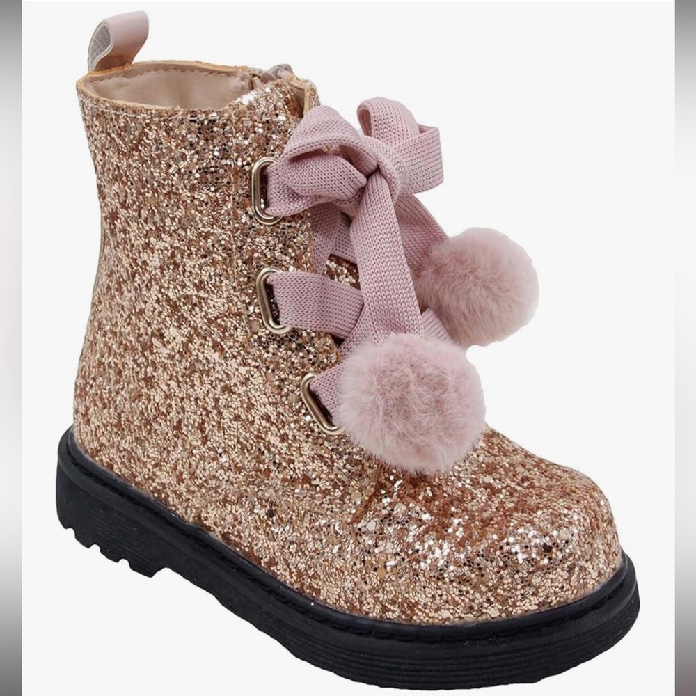 EUC Nicole Miller Rhinestone Sparkly Boots Pom Pom Laces Rose Golf High Top 5